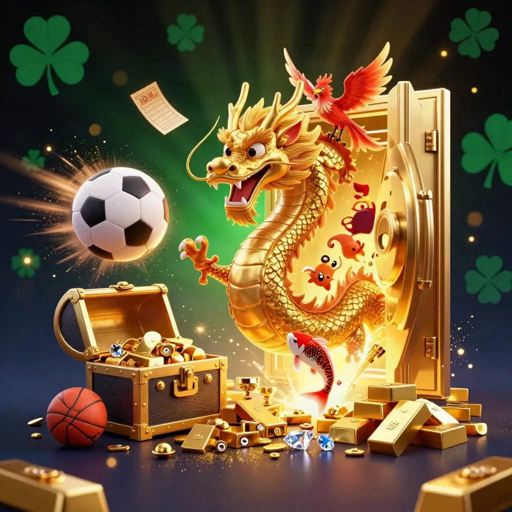 Dragon and treasure burst with a flying soccer ball, gold vault light, and casino glow.