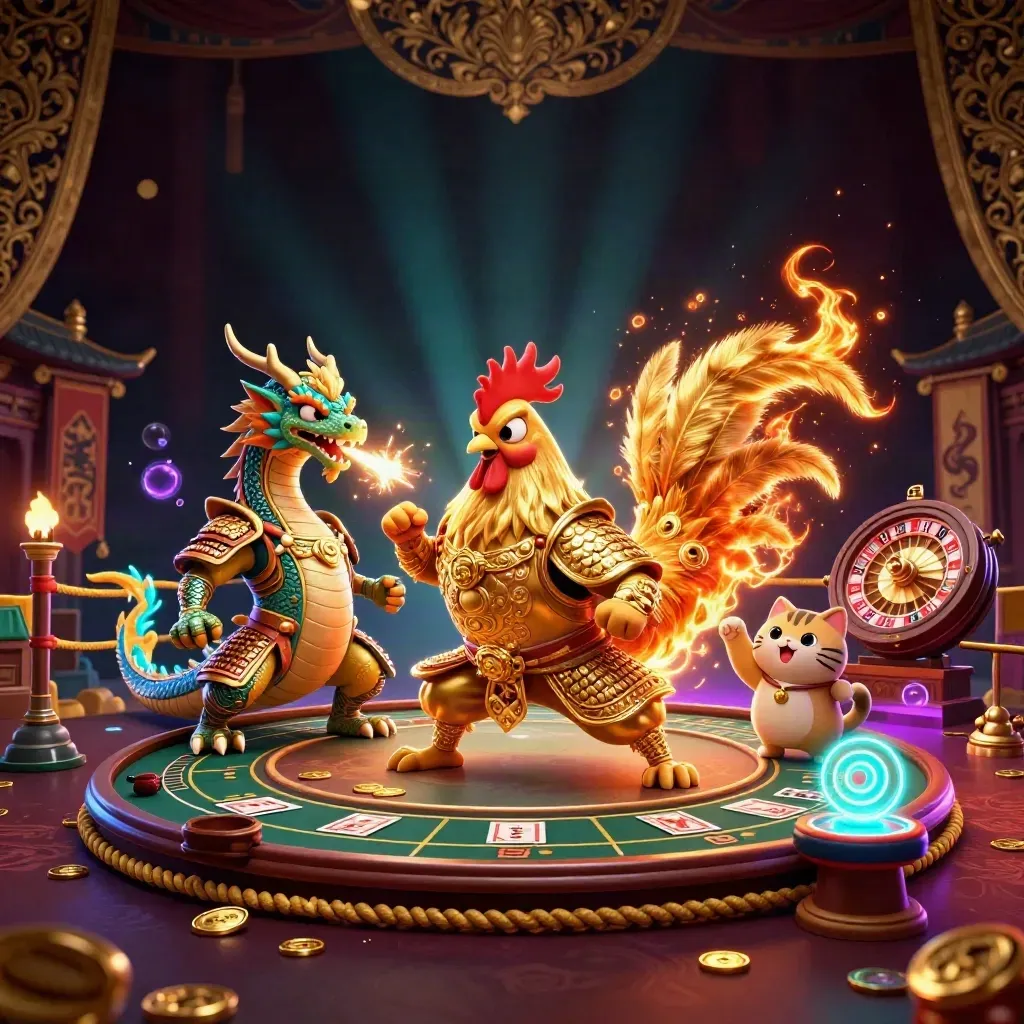 Samurai rooster, spark-breathing dragon hatchling and lucky cat in a neon casino temple