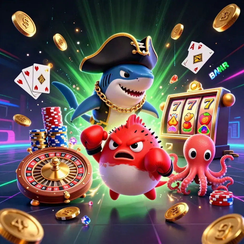 Pirate shark, boxing pufferfish, and juggling octopus amid coins, chips, cards, roulette, and neon glow