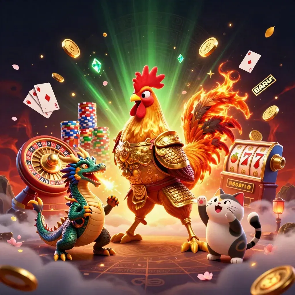 Rooster warrior, dragon hatchling, and fortune cat amid casino coins, chips, and glowing reels.